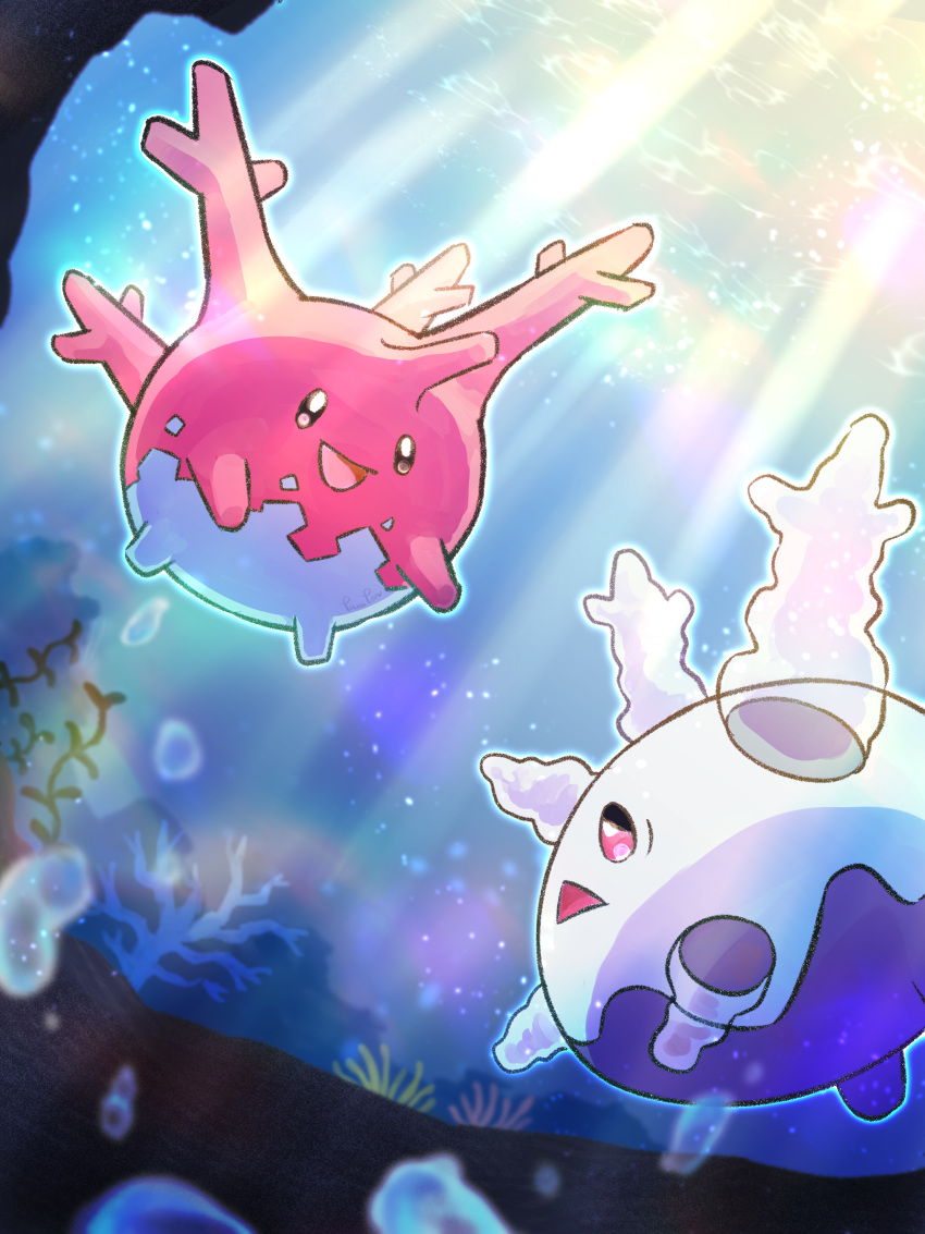 :d, absurdres, air_bubble, blurry, bubble, commentary_request, coral, corsola