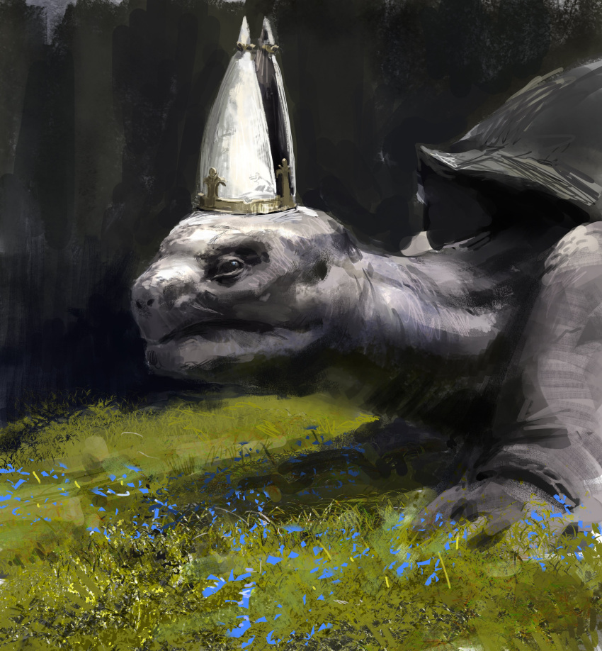 absurdres, animal, animal_focus, elden_ring, espen_olsen_saetervik, from_side, grass, hat, highres, miriel_pastor_of_vows, mitre, no_humans, oversized_animal, tortoise, turtle, white_headwear