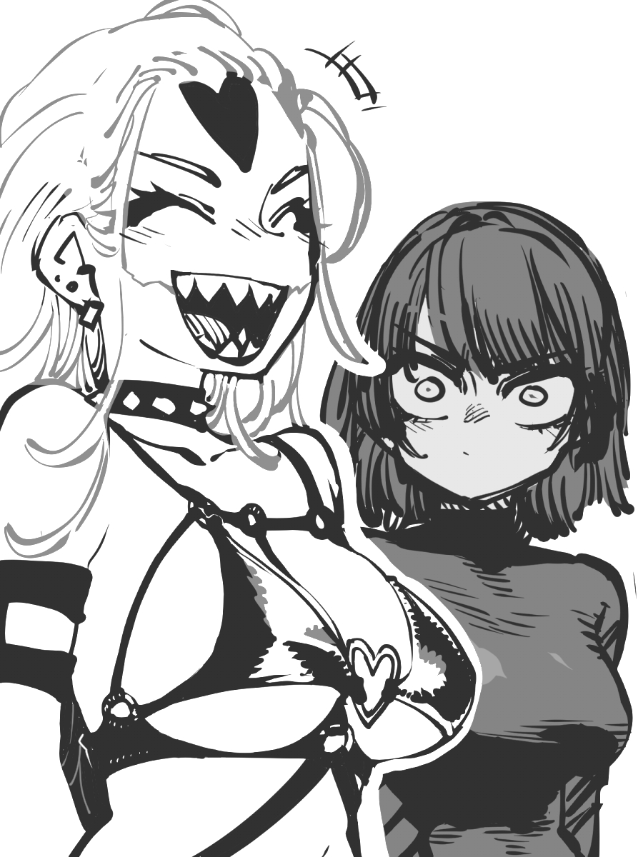 +++, 2girls, :d, bob_cut, bondage_outfit, closed_eyes, closed_mouth, dominatrix