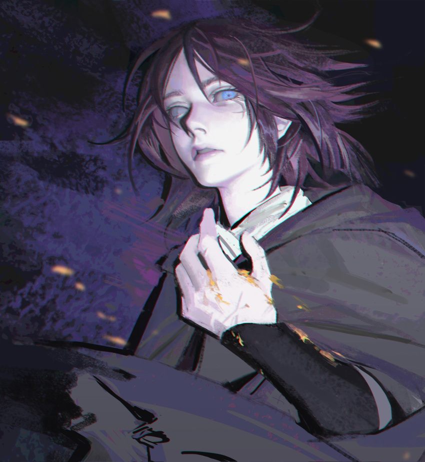 1girl, blue_eyes, brown_hair, cape, elden_ring, grey_cape, hand_up, heterochromia