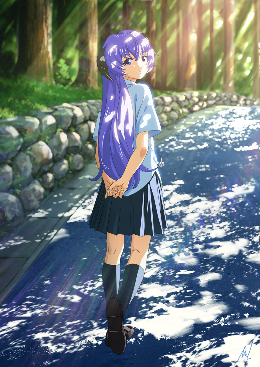 1girl, arms_behind_back, black_legwear, black_skirt, collared_shirt, dappled_sunlight, hanyuu, highres