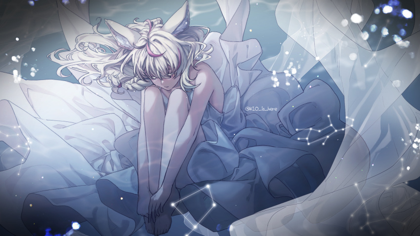 1girl, animal_ear_fluff, animal_ears, bangs, bare_arms, bare_legs, barefoot, black_hair, blonde_hair, closed_eyes, closed_mouth, dress, floating_hair, fox_ears, full_body, highres, hololive, kio_is_here, multicolored_hair, omaru_polka, pink_hair, sleeveless, sleeveless_dress, solo, streaked_hair, underwear, v_arms, virtual_youtuber, white_dress