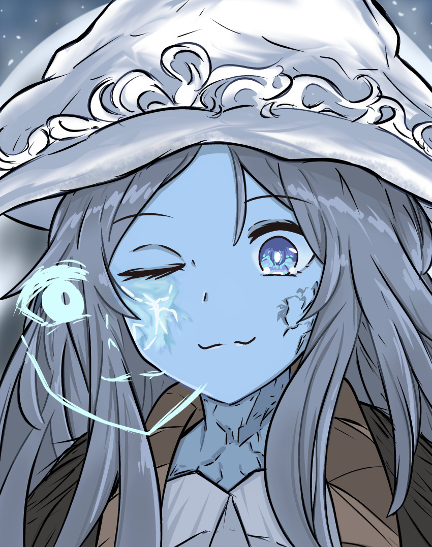 1girl, :3, absurdres, blue_eyes, blue_skin, bright_pupils, cloak, closed_mouth