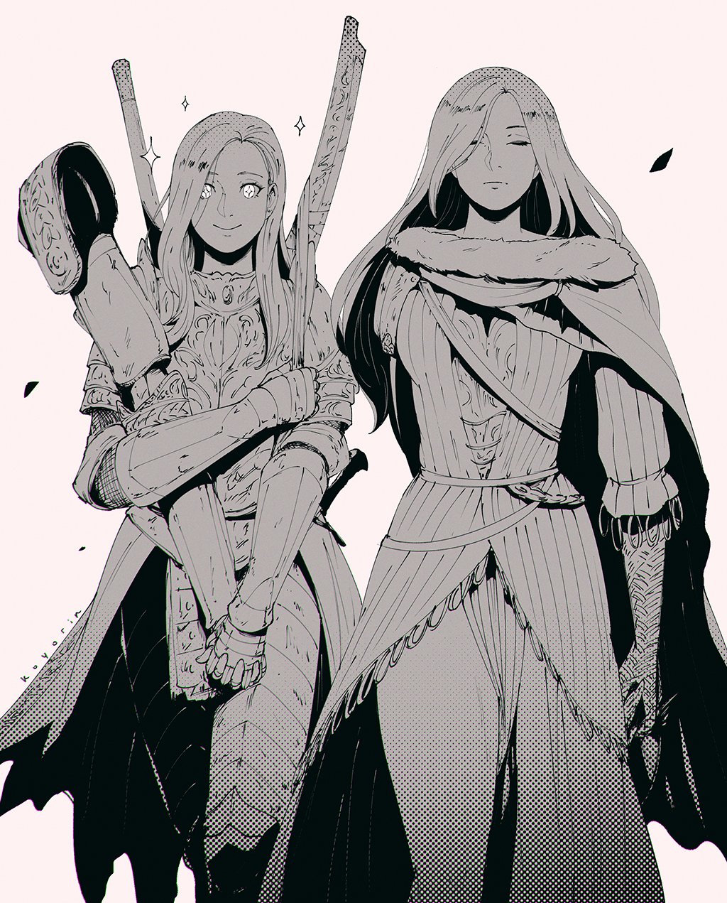 +_+, 2girls, armor, cleanrot_knight_finlay, closed_eyes, closed_mouth, dress, elden_ring, gauntlets, highres, holding, koyorin, long_hair, malenia_blade_of_miquella, mechanical_arms, multiple_girls, prosthesis, prosthetic_arm, prosthetic_arm_removed, signature, simple_background, single_mechanical_arm, smile, sparkle, walking, white_background, wide-eyed