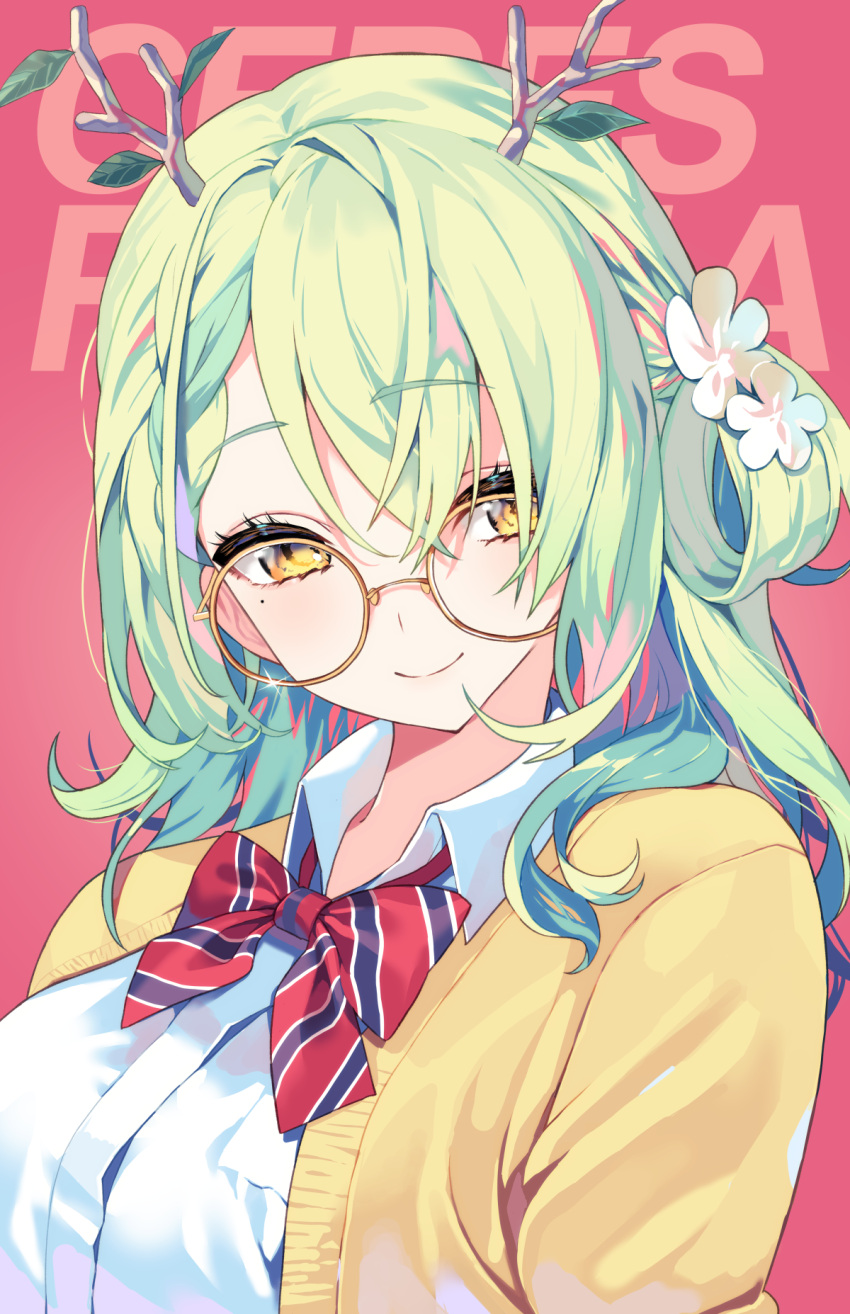 1girl, antlers, bangs, bow, bowtie, cardigan, ceres_fauna, character_name