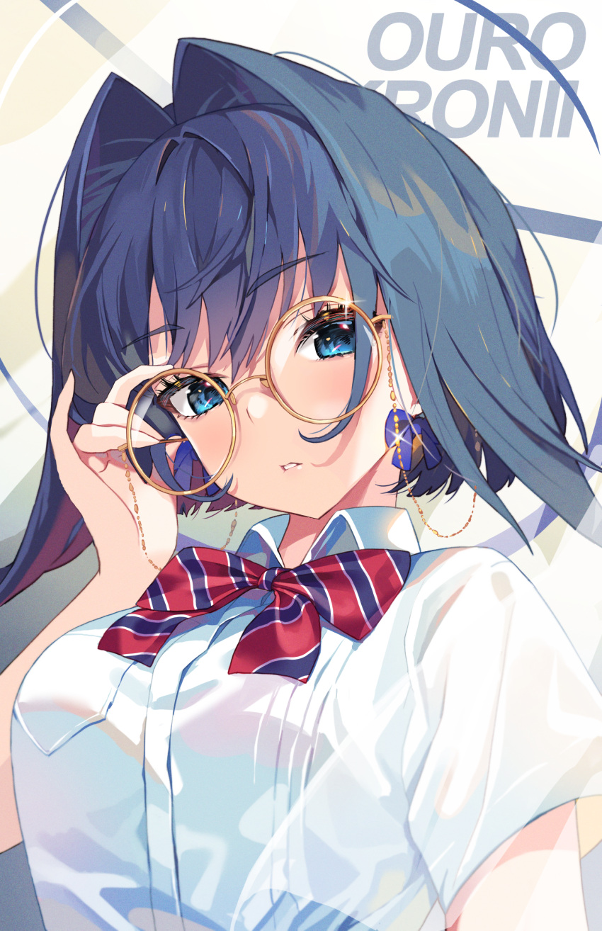 1girl, adjusting_eyewear, bangs, black_hair, blue_bow, blue_eyes, bow, bow_earrings