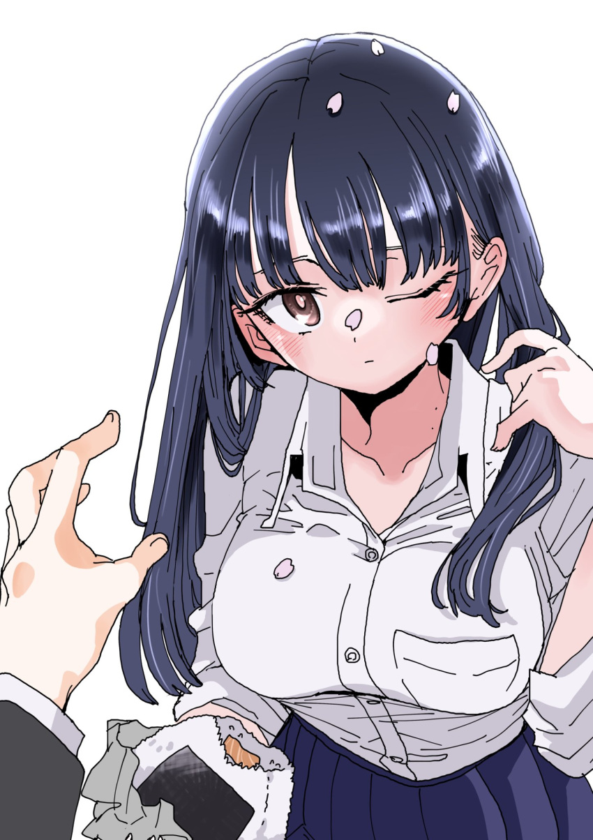 1boy, 1girl, bangs, blue_skirt, blush, boku_no_kokoro_no_yabai_yatsu, breast_pocket, breasts, brown_eyes, closed_mouth, dark_blue_hair, eyebrows_behind_hair, food, highres, holding, holding_food, holding_hair, large_breasts, long_hair, looking_at_viewer, mole, mole_on_neck, one_eye_closed, onigiri, petal_on_nose, petals, pleated_skirt, pocket, pov, pov_hands, sakurai_norio, school_uniform, shirt, skirt, white_shirt, yamada_anna