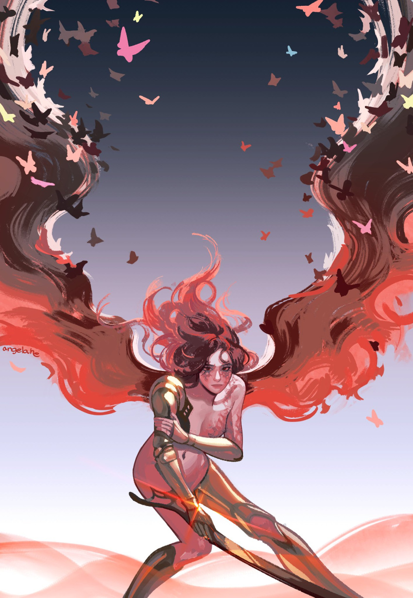 1girl, amputee, angela_he, bug, butterfly, closed_mouth, completely_nude, elden_ring, floating_hair, glint, grey_background, highres, holding, holding_sword, holding_weapon, leaning_back, looking_at_viewer, malenia_blade_of_miquella, malenia_goddess_of_rot, navel, nude, prosthesis, prosthetic_arm, prosthetic_leg, red_eyes, redhead, scar, solo, spoilers, spread_wings, standing, sword, triple_amputee, weapon