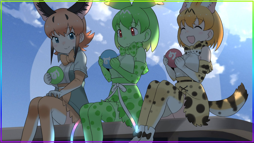 animal_ears, blonde_hair, caracal_(kemono_friends), cat_ears, cat_tail, cats_yone, cellval, gloves, green_hair, highres, kemono_friends, kemono_friends_3, necktie, open_mouth, orange_hair, serval_(kemono_friends), shirt, short_hair, skirt, smile, tail