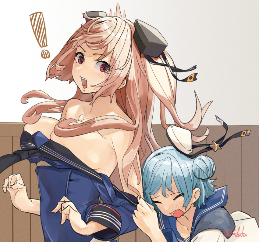 !, 2girls, assisted_exposure, black_sailor_collar, blue_hair, blue_sailor_collar, blue_shirt, blush
