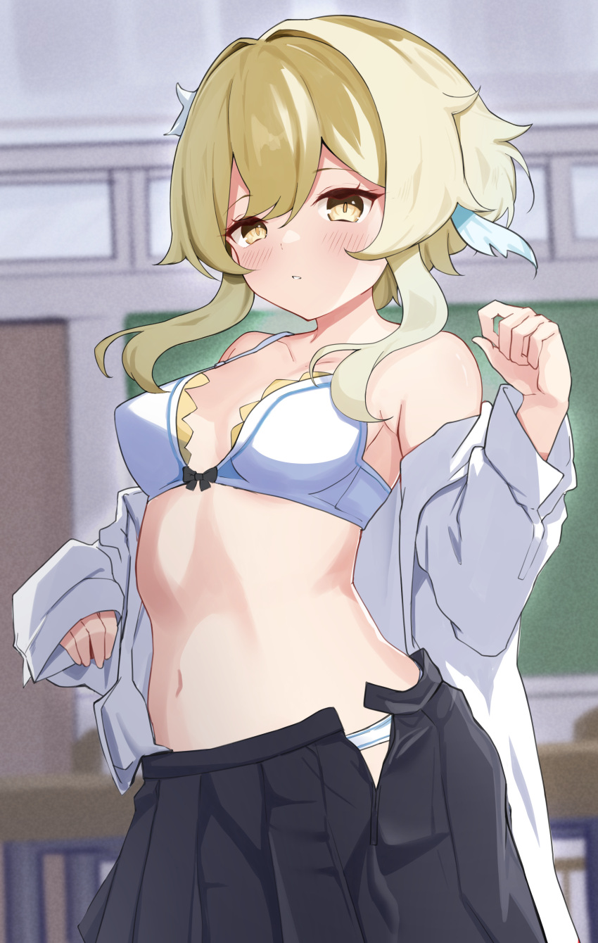1girl, absurdres, bangs, black_skirt, blonde_hair, blush, bookshelf, bra