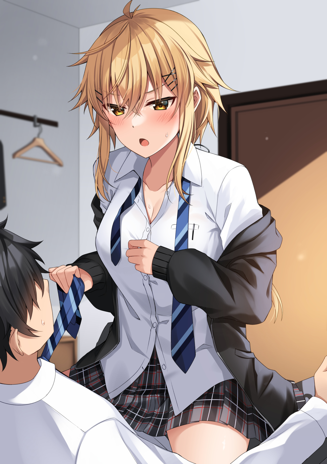 1boy, 1girl, bangs, black_hair, black_jacket, blonde_hair, blue_necktie, blush