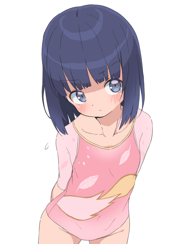 1girl, arms_behind_back, athletic_leotard, black_hair, blue_eyes, blush, bubukka, character_request
