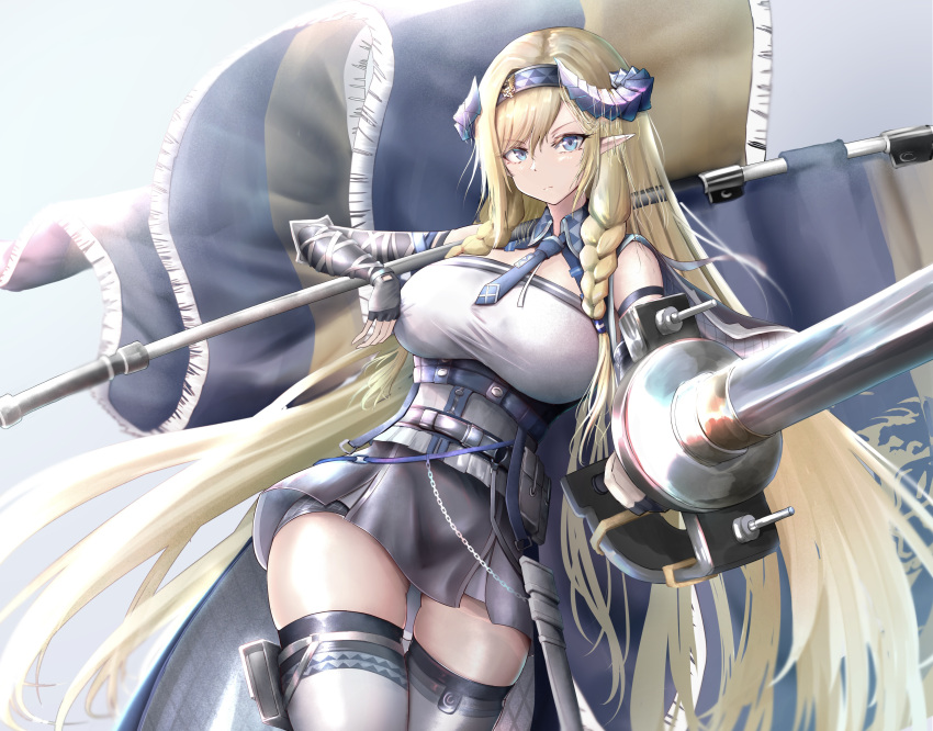 1girl, absurdres, arknights, arm_strap, bangs, bare_shoulders, black_skirt, blonde_hair