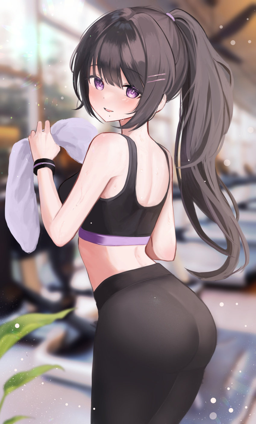 1girl, absurdres, ass, bangs, bare_shoulders, black_hair, blurry, blurry_background