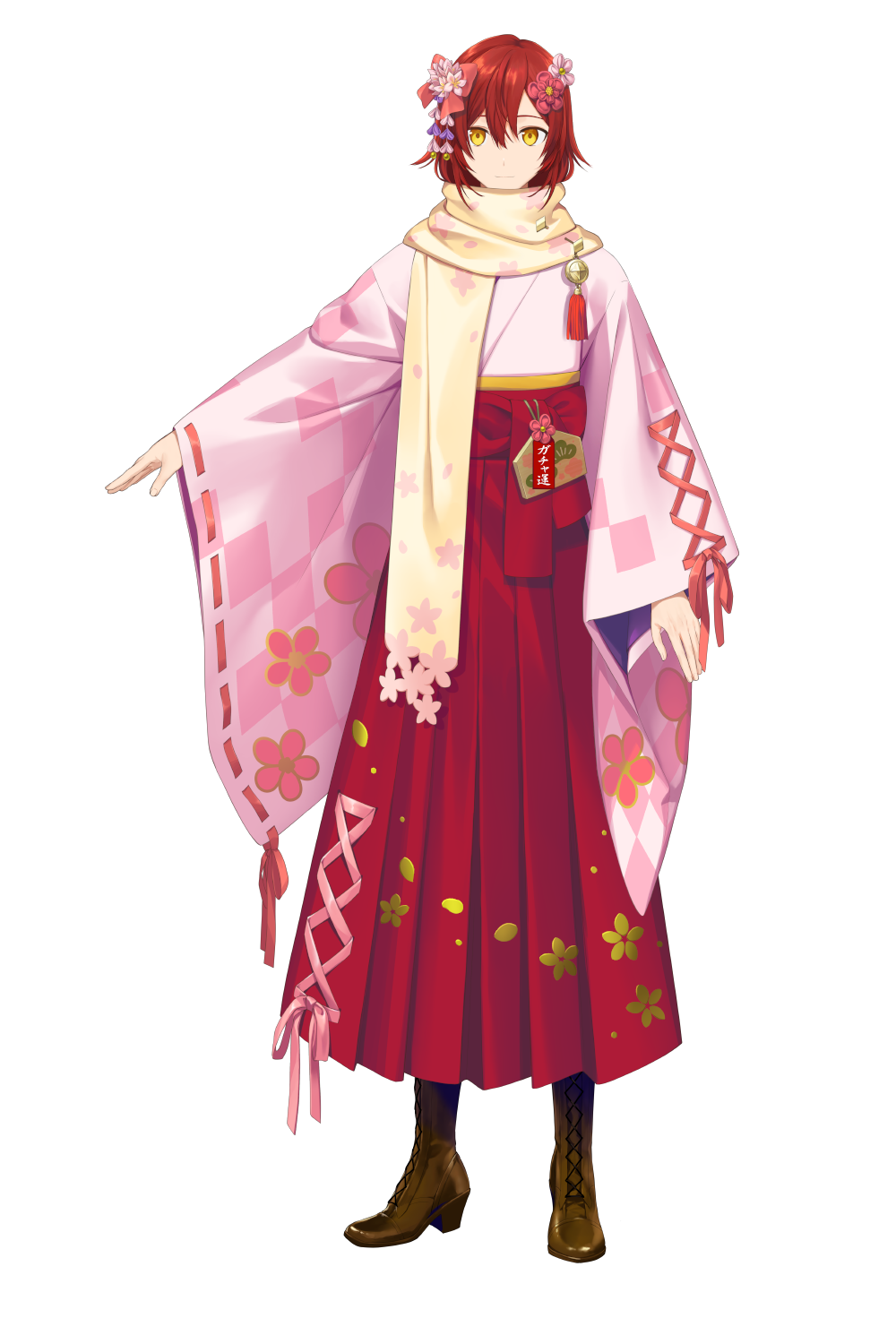 1boy, androgynous, argyle, argyle_kimono, boots, bow, brown_footwear, ema