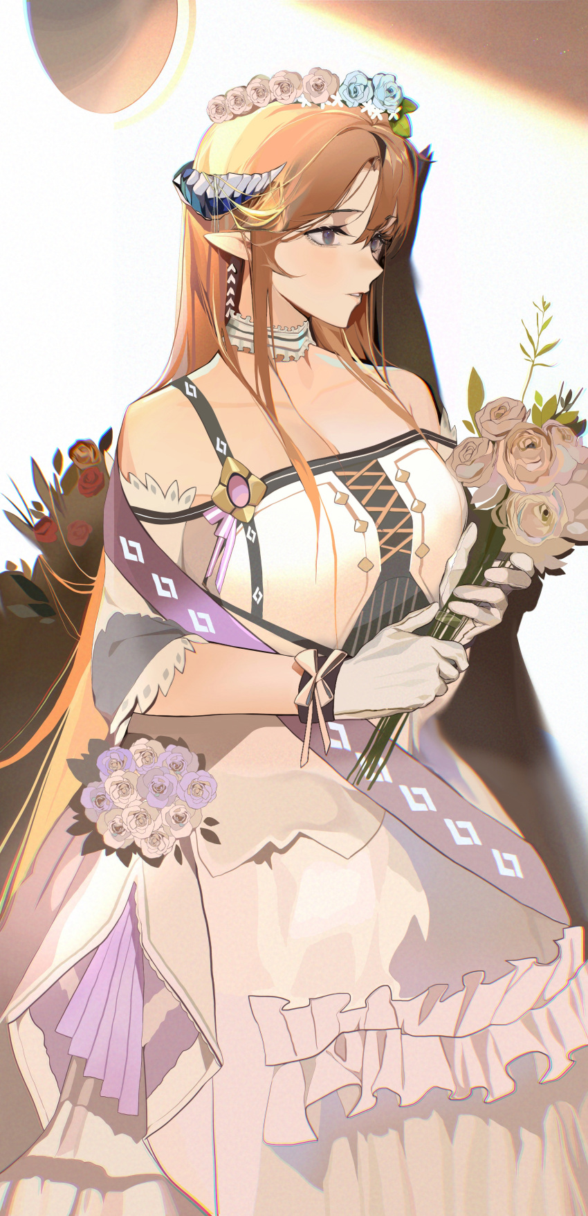 1girl, absurdres, arknights, bangs, bare_shoulders, blonde_hair, blue_eyes, bouquet