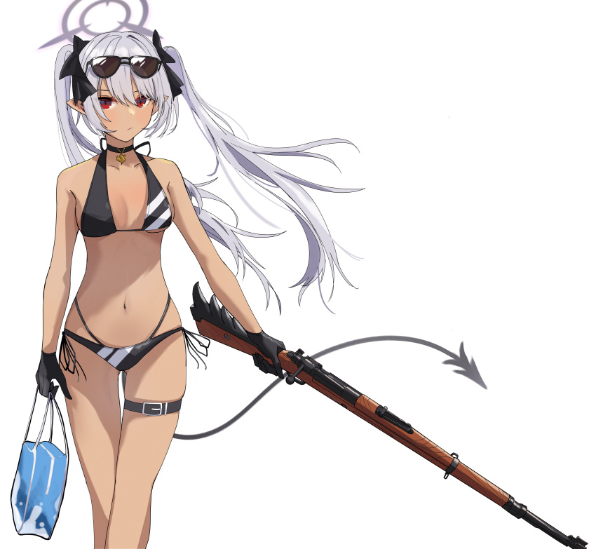 1girl, absurdres, bag, bikini, black-framed_eyewear, black_bikini, black_choker, black_ribbon