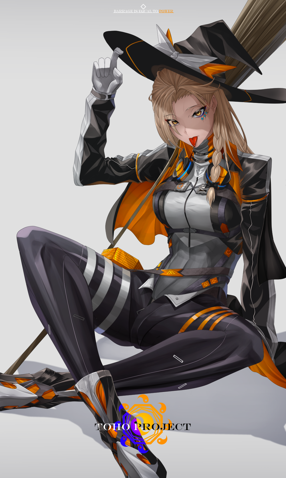1girl, alternate_costume, amekudaki, black_headwear, blonde_hair, breasts, gloves, gradient