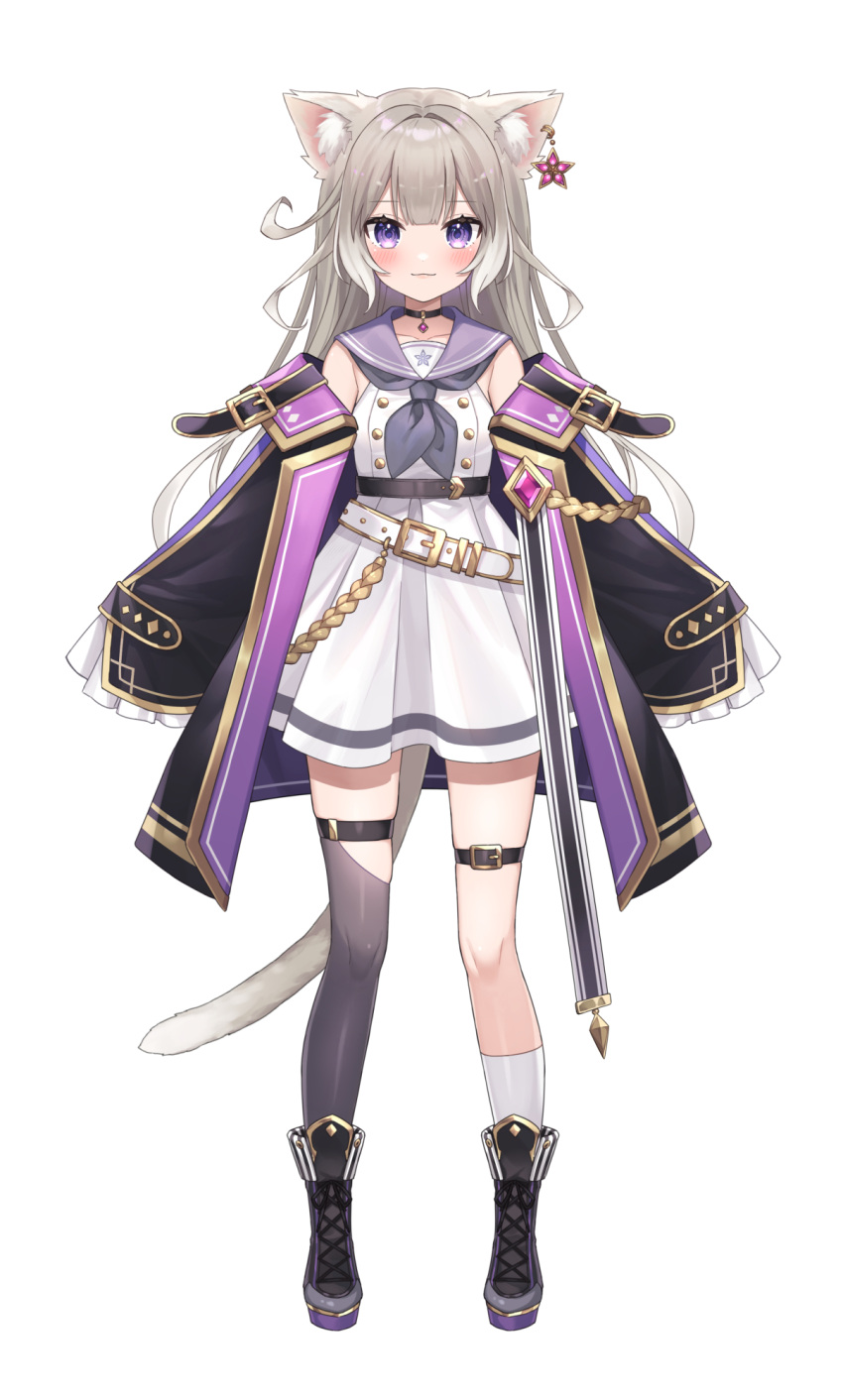 1girl, :3, animal_ears, asymmetrical_legwear, bangs, cat_ears, cat_girl, cat_tail