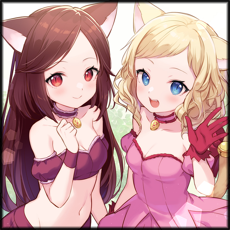2girls, animal_ear_fluff, animal_ears, bell, blonde_hair, blue_eyes, brown_hair, cat_ears