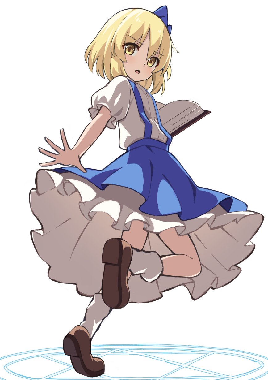 1girl, alice_margatroid, alice_margatroid_(pc-98), blonde_hair, blue_bow, blue_skirt, book, bow, brown_footwear, hair_bow, highres, holding, holding_book, kochi_michikaze, shirt, skirt, socks, solo, suspenders, touhou, white_background, white_shirt, yellow_eyes