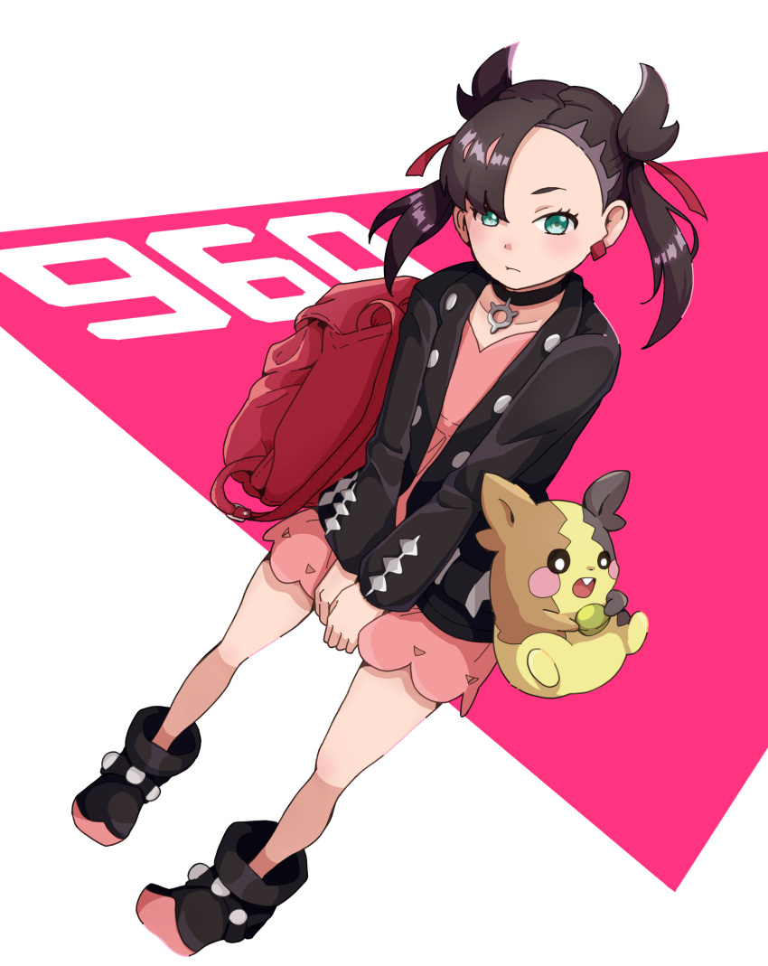 1girl, :t, ankle_boots, asymmetrical_bangs, backpack, bag, bangs, black_choker, black_footwear, black_hair, black_jacket, blush, boots, choker, closed_mouth, collarbone, dress, earrings, eyelashes, green_eyes, hair_ribbon, highres, jacket, jewelry, looking_at_viewer, marnie_(pokemon), morpeko, morpeko_(full), open_clothes, open_jacket, pigeon-toed, pink_dress, pokemon, pokemon_(creature), pokemon_(game), pokemon_swsh, red_bag, red_ribbon, ribbon, takosuke_(gyzp7373)
