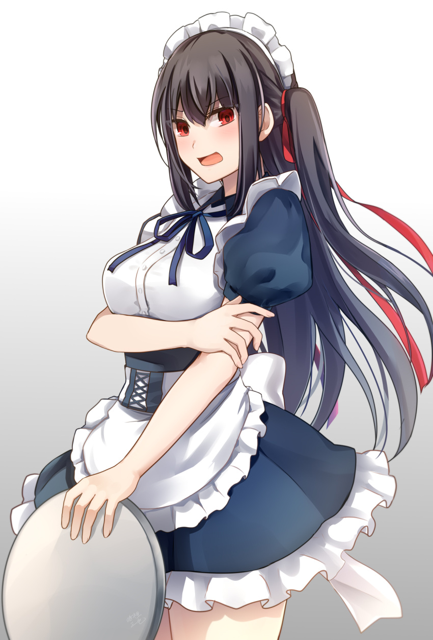 1girl, anri_mike, apron, back_bow, bangs, black_hair, black_sleeves, blue_ribbon
