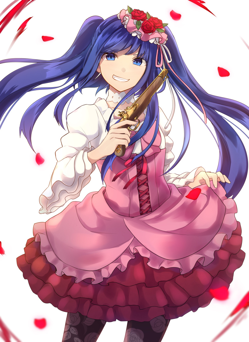 1girl, absurdres, anri_mike, bangs, black_legwear, blue_eyes, blue_hair, choker, collarbone, floating_hair, floral_print, flower, furudo_erika, grin, gun, hair_flower, hair_ornament, hair_ribbon, handgun, highres, holding, holding_gun, holding_weapon, layered_skirt, long_hair, looking_at_viewer, miniskirt, pantyhose, pink_ribbon, print_legwear, red_flower, red_rose, red_skirt, ribbon, rose, shiny, shiny_hair, shirt, skirt, smile, smug, solo, standing, twintails, umineko_no_naku_koro_ni, underbust, very_long_hair, weapon, white_background, white_choker, white_ribbon, white_shirt