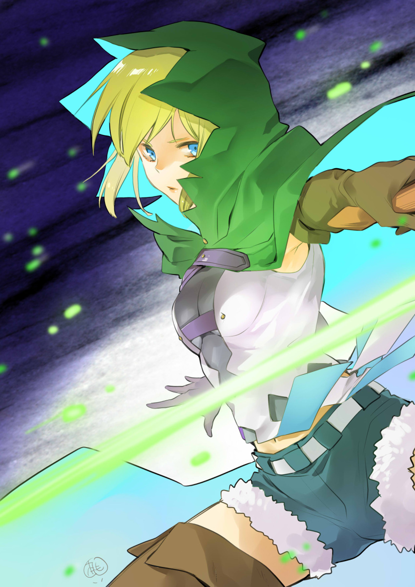 1girl, absurdres, armpits, belt, blonde_hair, blue_eyes, blue_shorts, boots
