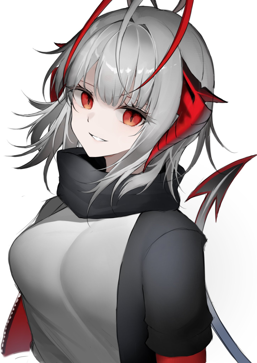 1girl, antenna_hair, arknights, bangs, black_jacket, black_scarf, blunt_bangs, breasts