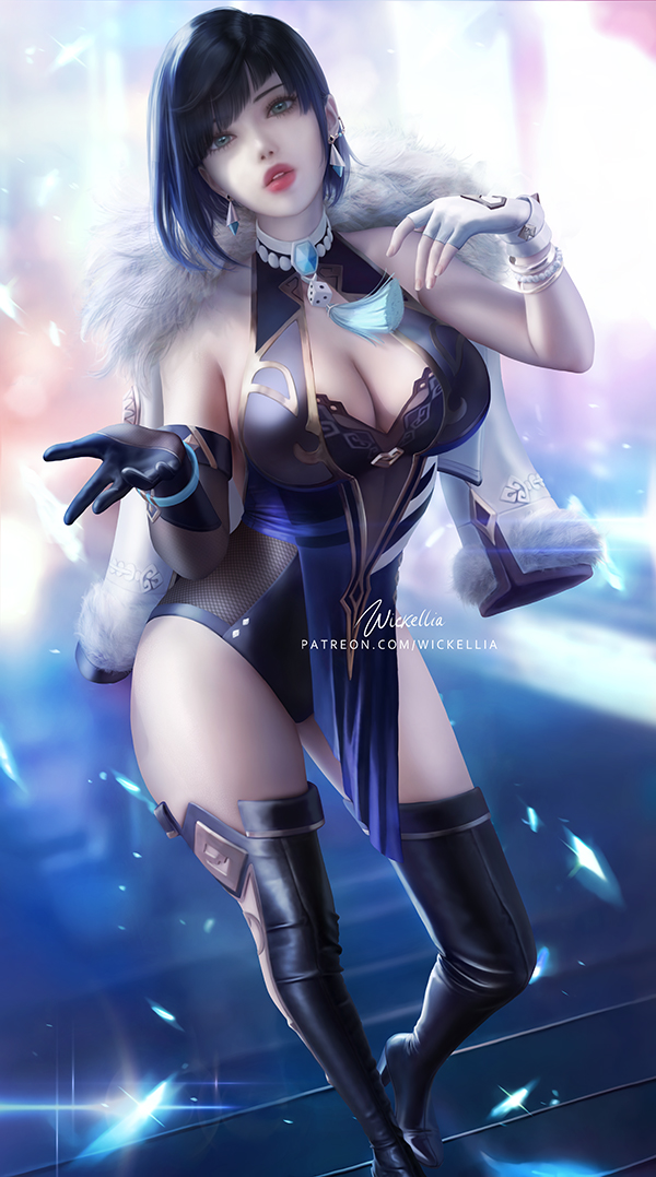 1girl, bangs, black_gloves, black_hair, blunt_bangs, blurry, blurry_background, boots