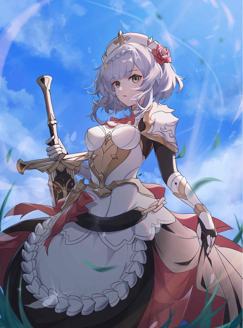 1girl, absurdres, armor, bangs, braid, breasts, catmelon_(user_melon010203), clouds, cloudy_sky, dress, eyebrows_visible_through_hair, flower, from_below, genshin_impact, grass, green_eyes, hair_flower, hair_ornament, highres, holding, holding_sword, holding_weapon, looking_at_viewer, maid, maid_headdress, medium_breasts, noelle_(genshin_impact), open_mouth, red_flower, red_rose, rose, short_hair, silver_hair, sky, solo, sunlight, sword, weapon, wind