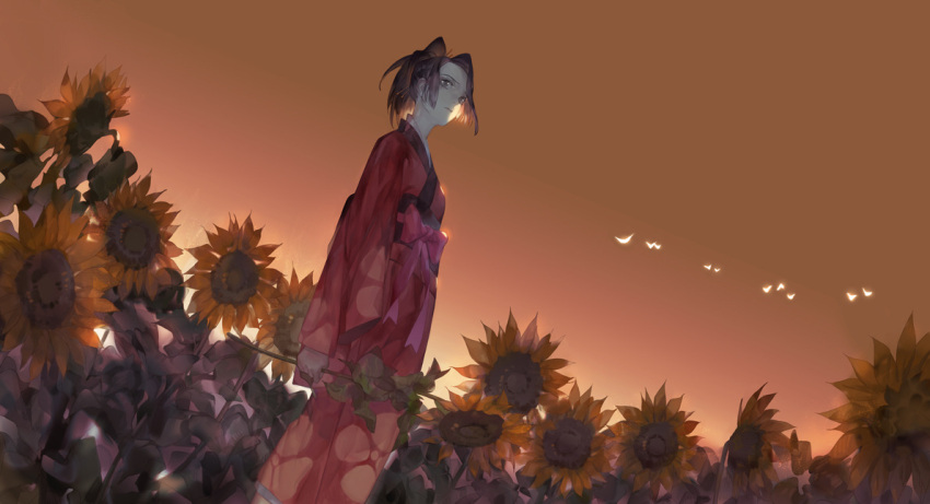arm_at_side, backlighting, bow, brown_eyes, brown_hair, bug, butterfly, day