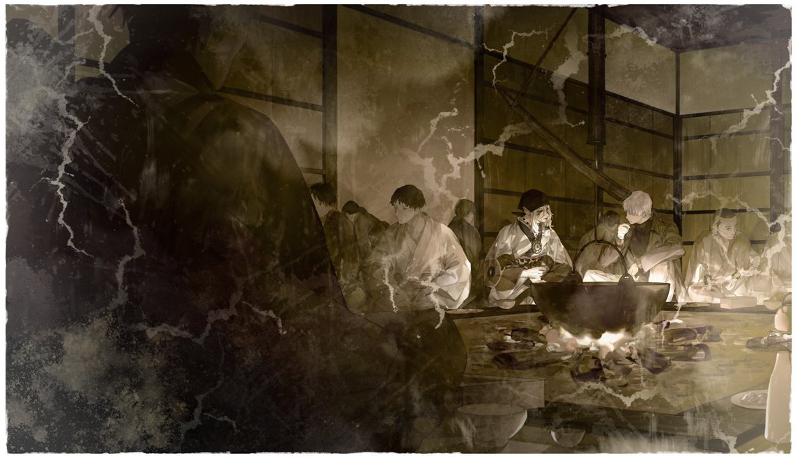 6+boys, bandana, border, bowl, coat, cooking, crossover, cup, damaged, fire, ginko, hand_up, indian_style, indoors, irori_(hearth), japanese_clothes, jewelry, jizaikagi, kettle, kimono, knee_up, kusuriuri_(mononoke), long_hair, long_sleeves, looking_at_another, looking_away, looking_down, looking_to_the_side, male_focus, meal, monochrome, mononoke, multiple_boys, mushishi, necklace, out_of_frame, photo_(object), plate, pointy_ears, pot, short_hair, sidelocks, sitting, smoke, starstruckdon, stove, tokkuri, turtleneck, white_border, wood