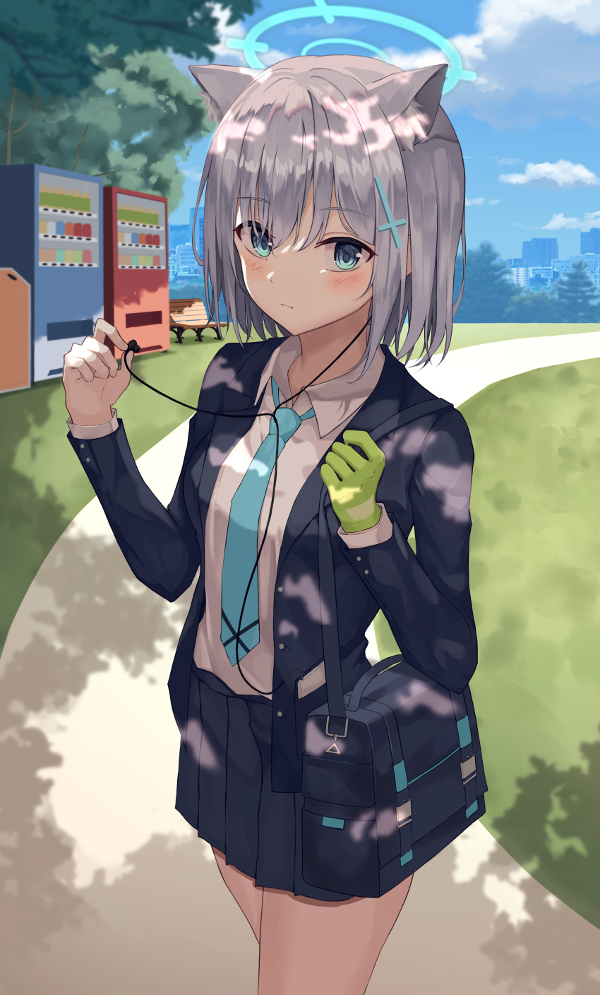 1girl, absurdres, animal_ear_fluff, animal_ears, bag, bench, blazer, blue_archive, blue_bag, blue_eyes, blue_jacket, blue_necktie, blush, closed_mouth, collared_shirt, cross_hair_ornament, dappled_sunlight, earphones, eyebrows_visible_through_hair, feet_out_of_frame, gloves, green_gloves, grey_skirt, hair_ornament, halo, highres, holding, holding_earphones, jacket, long_hair, long_sleeves, looking_at_viewer, necktie, open_clothes, open_jacket, outdoors, pleated_skirt, school_bag, school_uniform, seehyun, shiroko, shiroko_(blue_archive), shirt, shirt_tucked_in, shoulder_bag, silver_hair, single_glove, skirt, sky, solo, sunlight, tree, vending_machine, white_shirt, wolf_ears