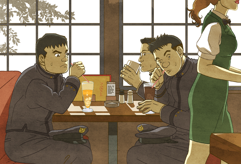 1girl, 3boys, ashtray, black_hair, bow, bowtie, brown_hair, drink