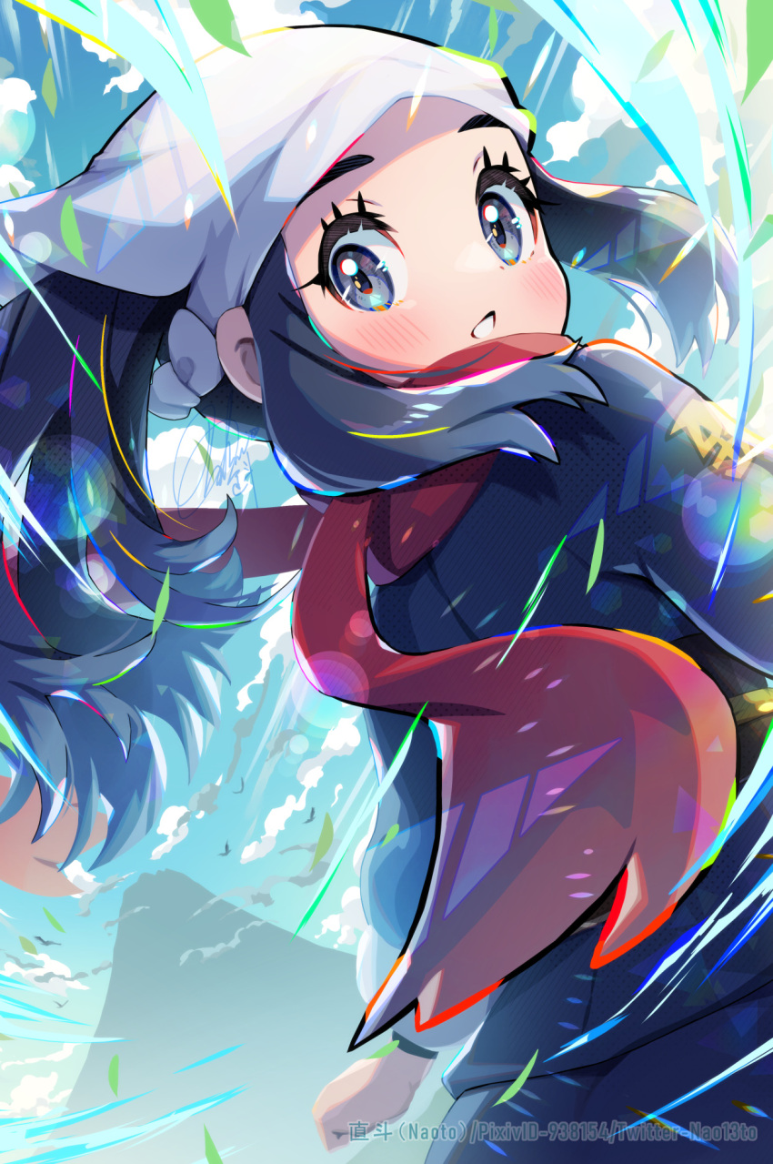 1girl, akari_(pokemon), black_hair, blush, clouds, commentary_request, day, eyelashes