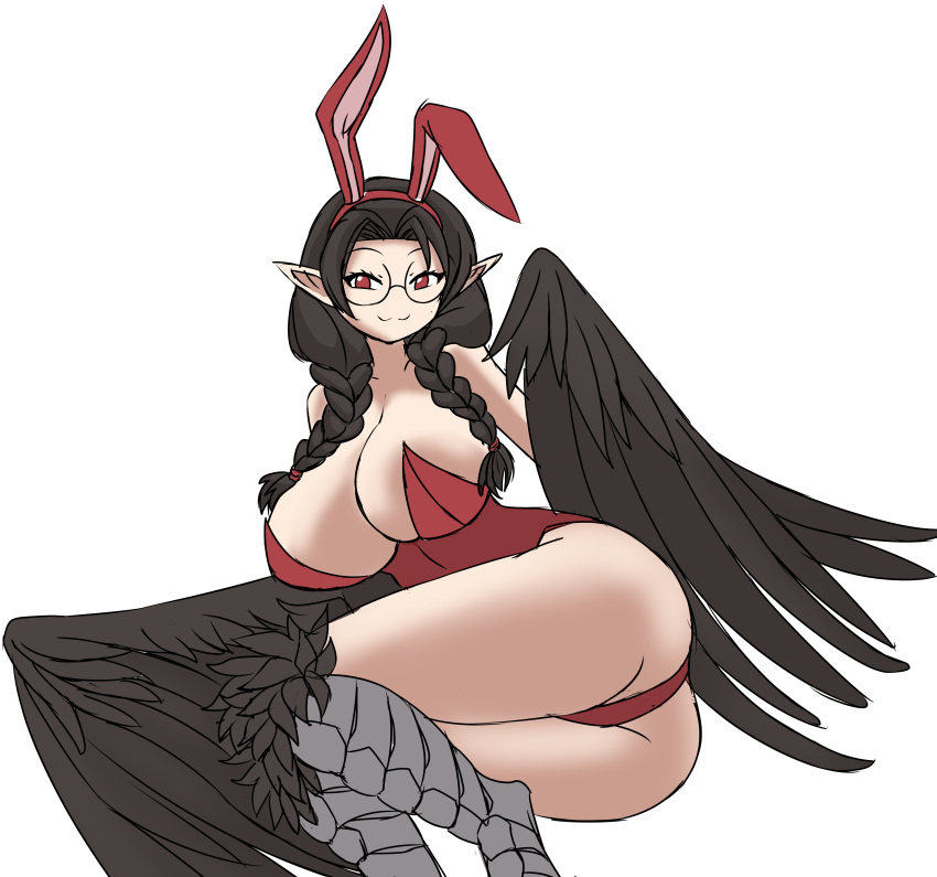 absurdres, animal_ears, braid, breasts, brown_hair, deculture, feet_out_of_frame, glasses