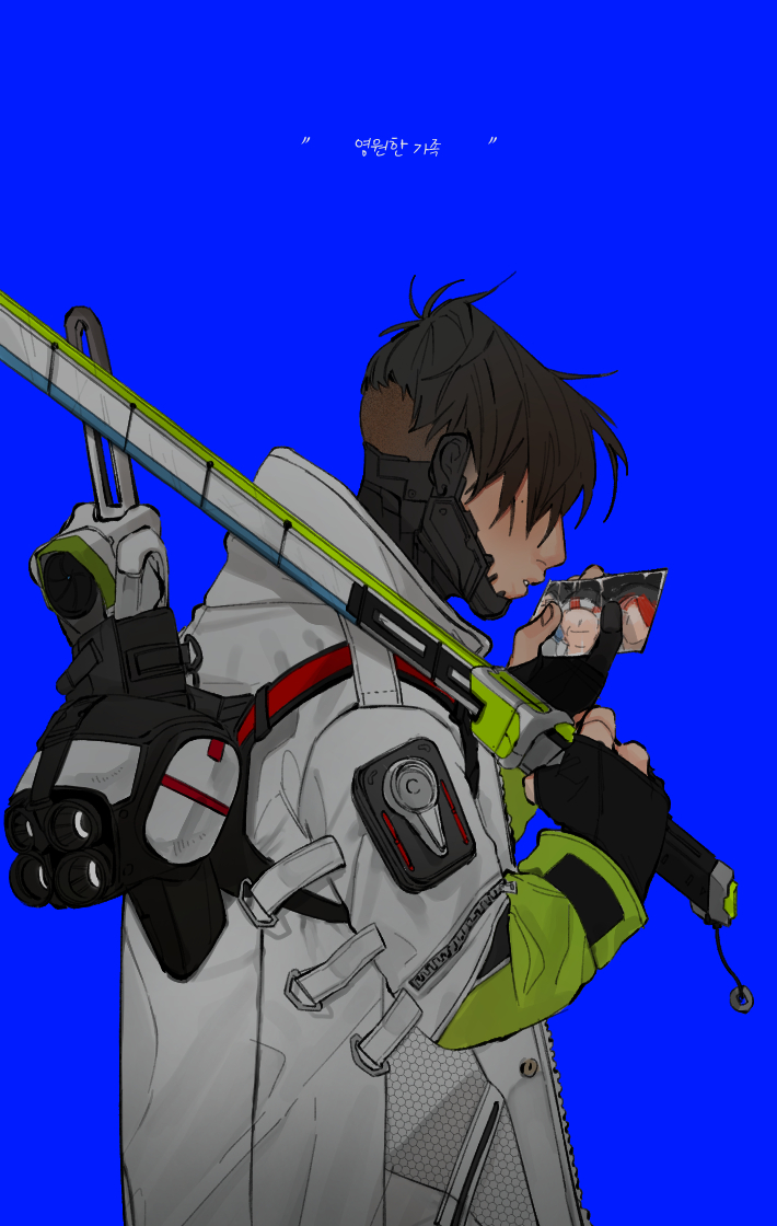 1boy, apex_legends, biwon_blade, black_hair, blue_background, crypto_(apex_legends), faceless, faceless_female