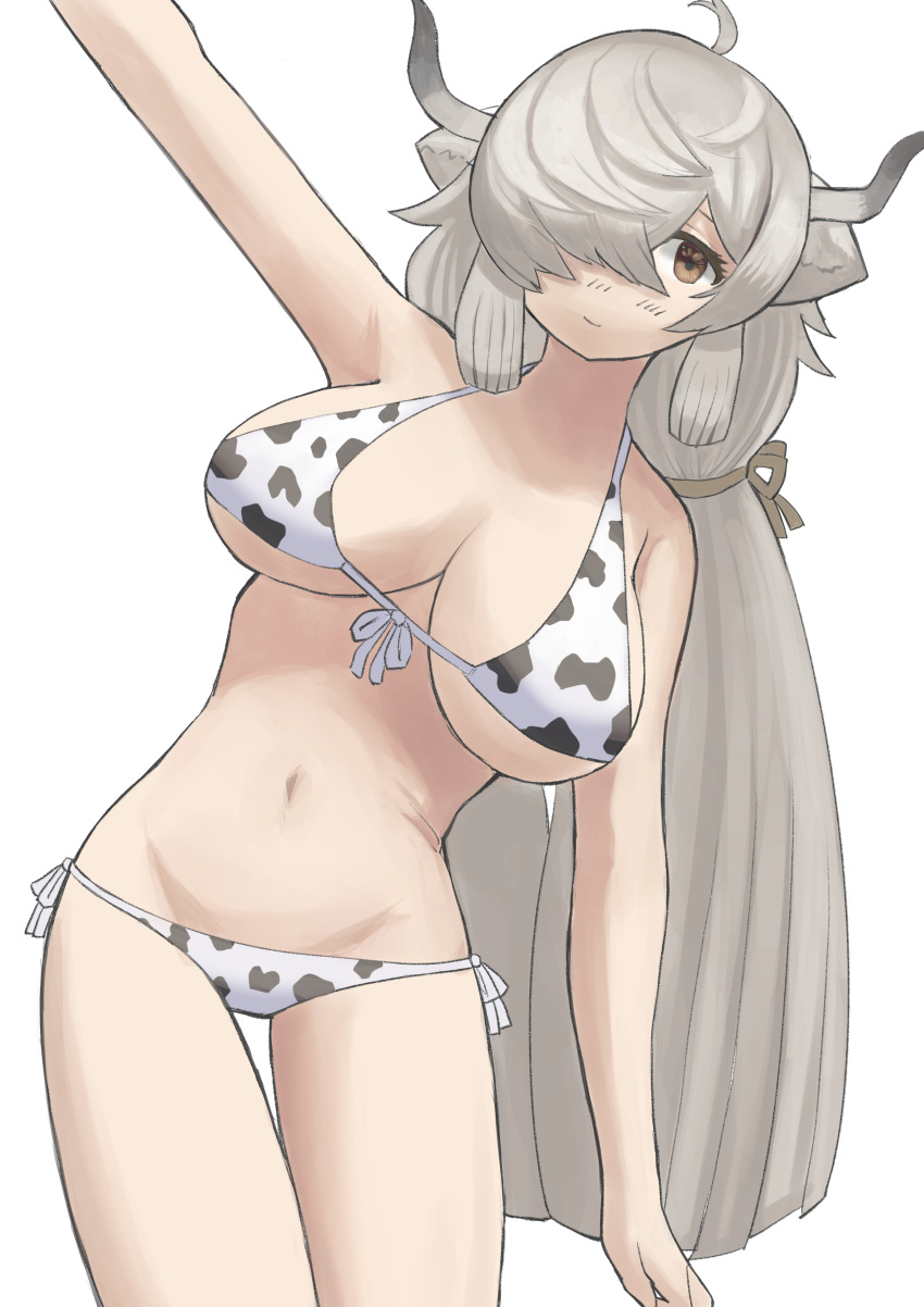 1girl, absurdres, ahoge, animal_ears, animal_print, arm_up, bangs, bare_arms
