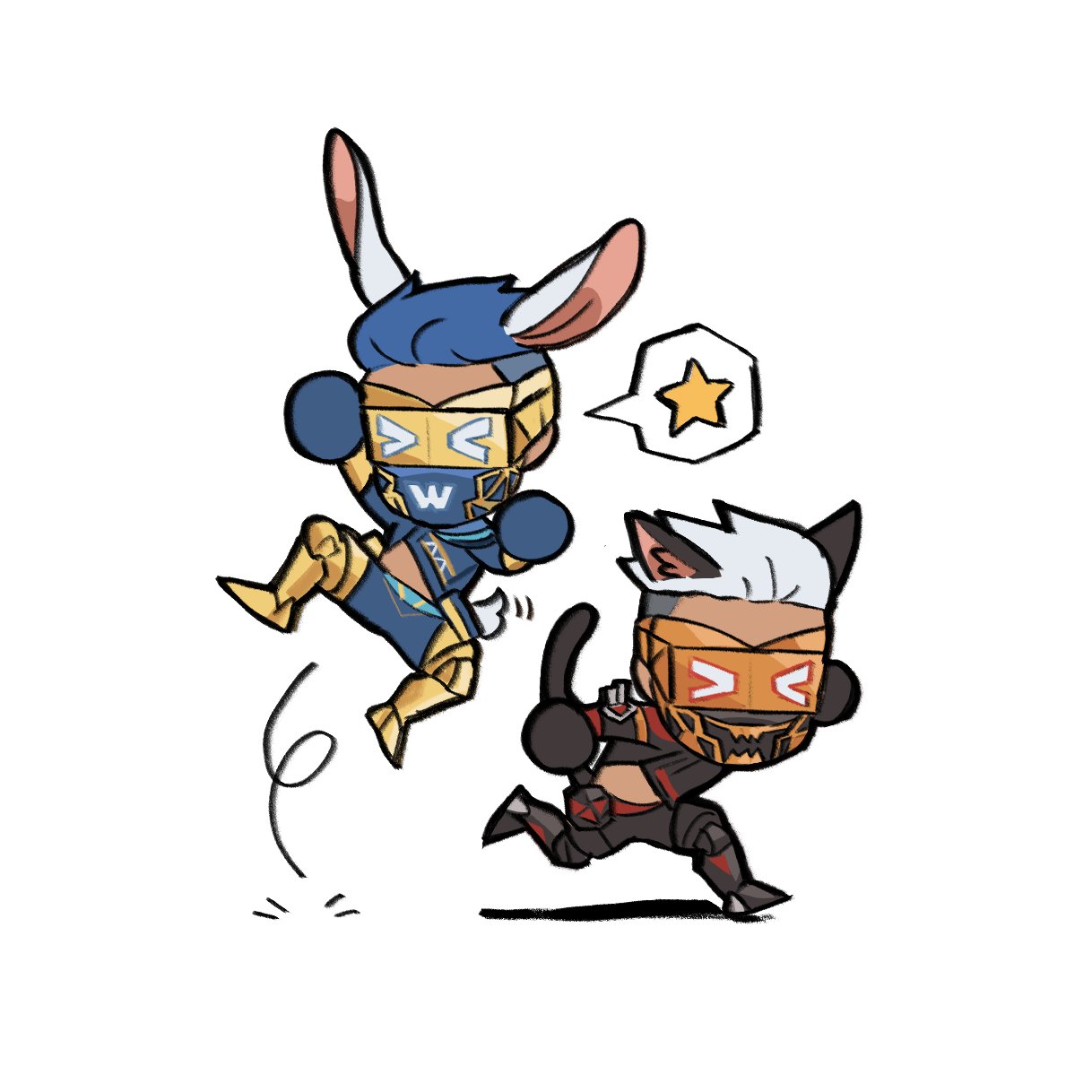 2boys, animal_ears, apex_legends, black_jacket, black_shorts, blue_hair, blue_jacket, blue_shorts