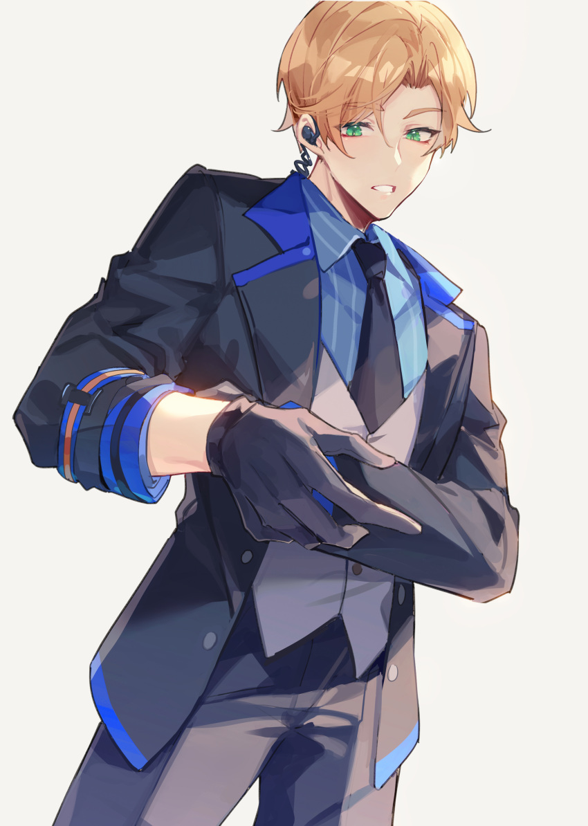 1boy, absurdres, black_gloves, black_jacket, black_necktie, black_pants, blue_shirt, buddy_mission_bond