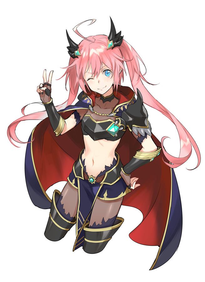 1girl, ahoge, armor, black_nails, blue_eyes, cloak, eyebrows_visible_through_hair, fingernails, hair_between_eyes, hand_on_hip, hand_up, long_hair, looking_at_viewer, midriff, milim_nava, navel, official_alternate_costume, one_eye_closed, pink_hair, simple_background, skyfly17, smile, solo, tensei_shitara_slime_datta_ken, white_background