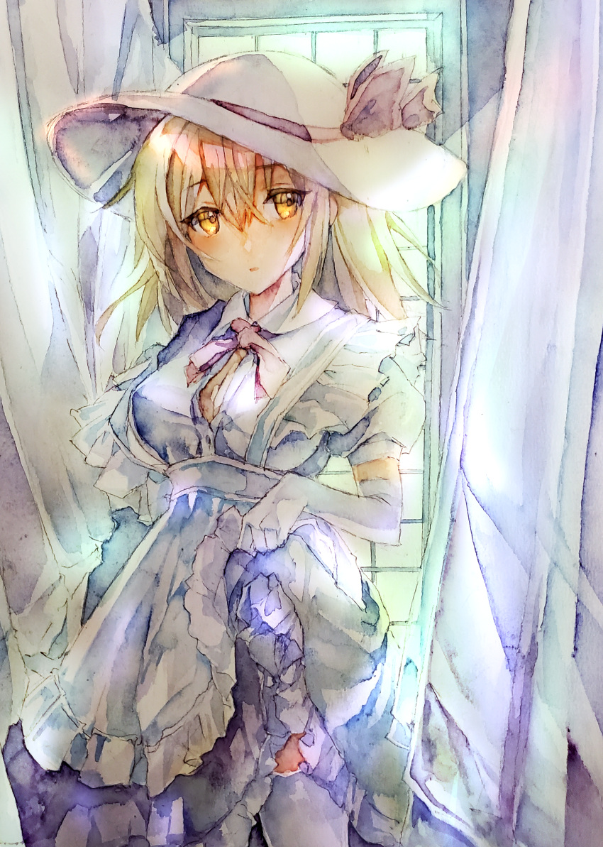 1girl, absurdres, blonde_hair, bow, breasts, curtains, dress, elbow_gloves