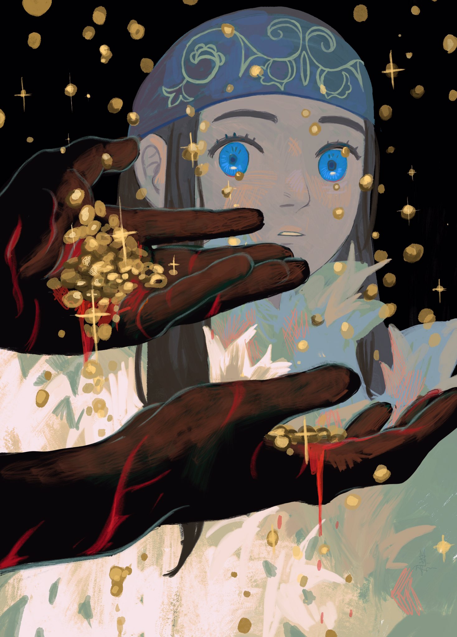 1girl, ainu, ainu_clothes, asirpa, bandana, black_hair, blood, blood_on_hands