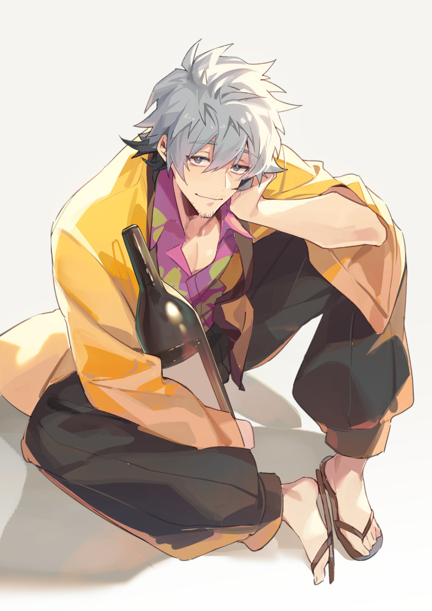 1boy, absurdres, bangs, black_pants, bottle, buddy_mission_bond, chinese_commentary, closed_mouth, collared_shirt, commentary_request, facial_hair, flip-flops, grey_background, grey_eyes, grey_hair, hair_between_eyes, hawaiian_shirt, head_rest, highres, holding, holding_bottle, jacket, knees_apart_feet_together, looking_at_viewer, male_focus, mokuma_(buddy_mission_bond), on_floor, open_clothes, open_jacket, pants, purple_shirt, sandals, shirt, short_hair, simple_background, smile, solo, stubble, wine_bottle, yellow_jacket, yusa_(yusa0751)