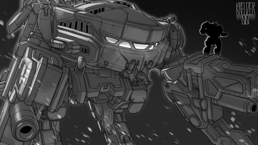 absurdres, arm_cannon, atlas_(battletech), battletech, grey_background, greyscale, highres, king_crab_(battletech)