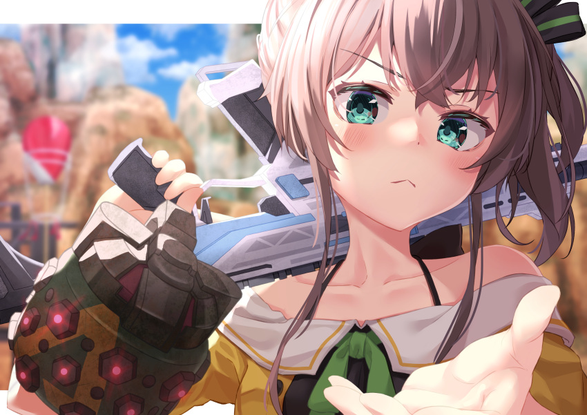 1girl, absurdres, apex_legends, assault_rifle, blue_eyes, blush, brown_hair, clouds