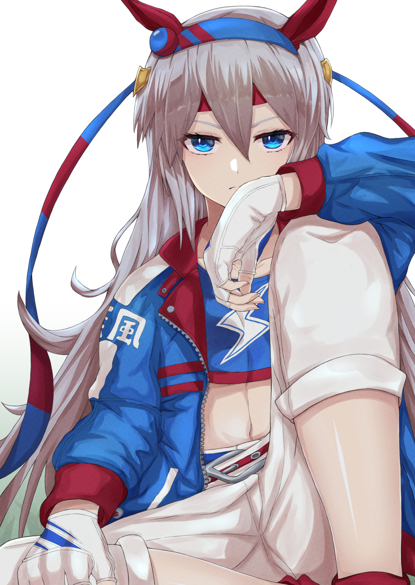 1girl, absurdres, belt, blue_eyes, blue_jacket, everchix, fingerless_gloves, gloves